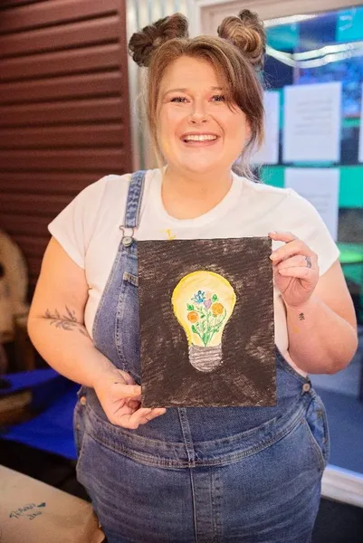Showing off a finished floral skull painting